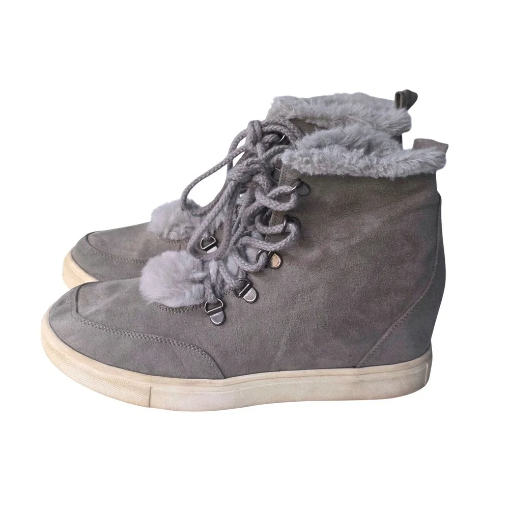 Madden Girl Womens Grey Faux Suede Faux Fur Trim Hidden Wedge Sneaker Boots 8.5